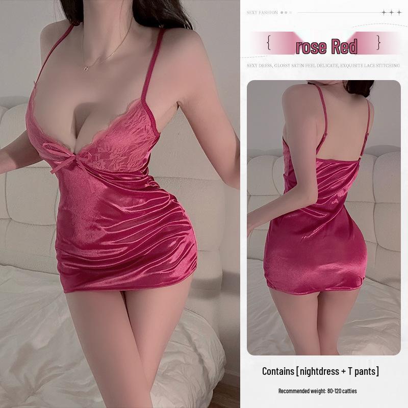 Sleek Lace Desire: Women's Sexy Sling Nightgown & Hugging Pajamas Set