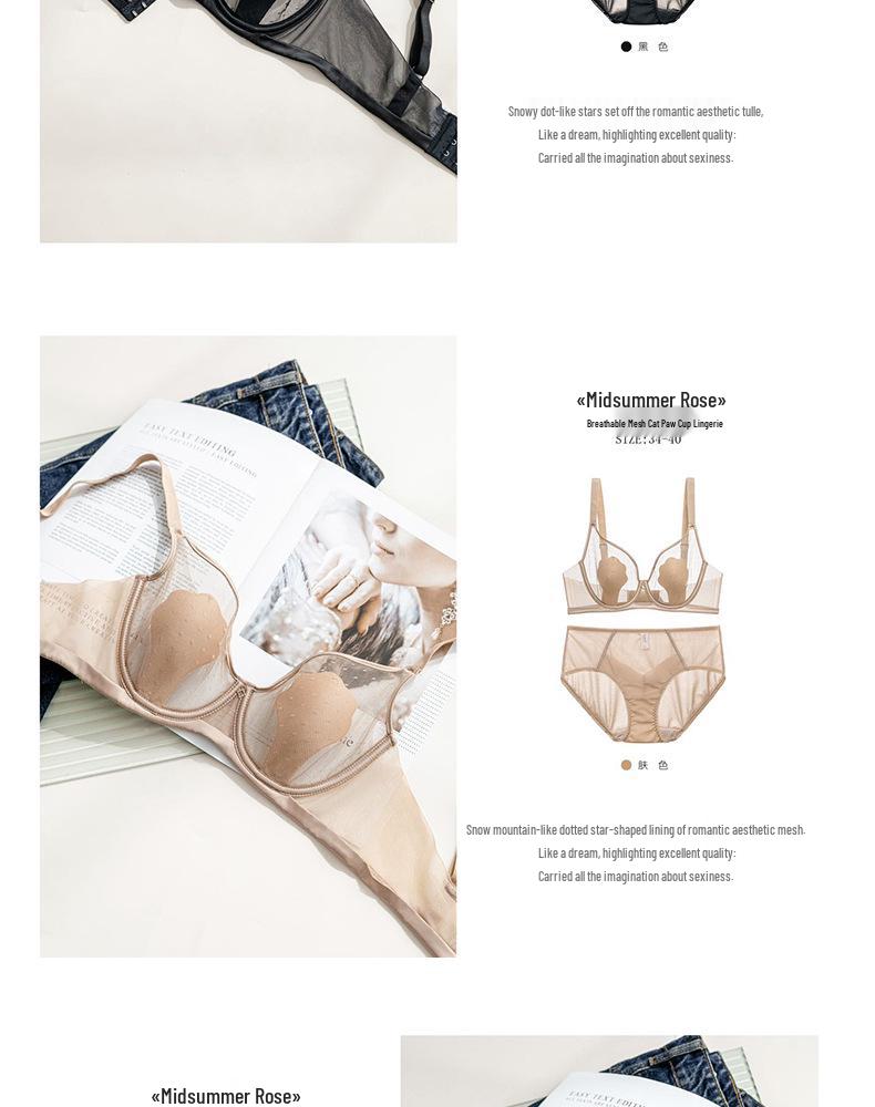 Women's Sexy Mesh Breathable Underwear: Super Thin, Rabbit Ear Design, Anti-Protrusion, Soft Underwire Bra for a Smaller Chest Look.