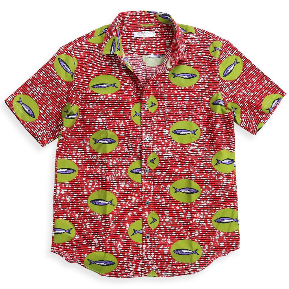 Quintet African Print Fish Polka Short Sleeve African Made In VINTAGE EL Shirt, Print, Border, Dots, Men's Shirt, Batik, Japan, 11-70553 (M, 15, Red)