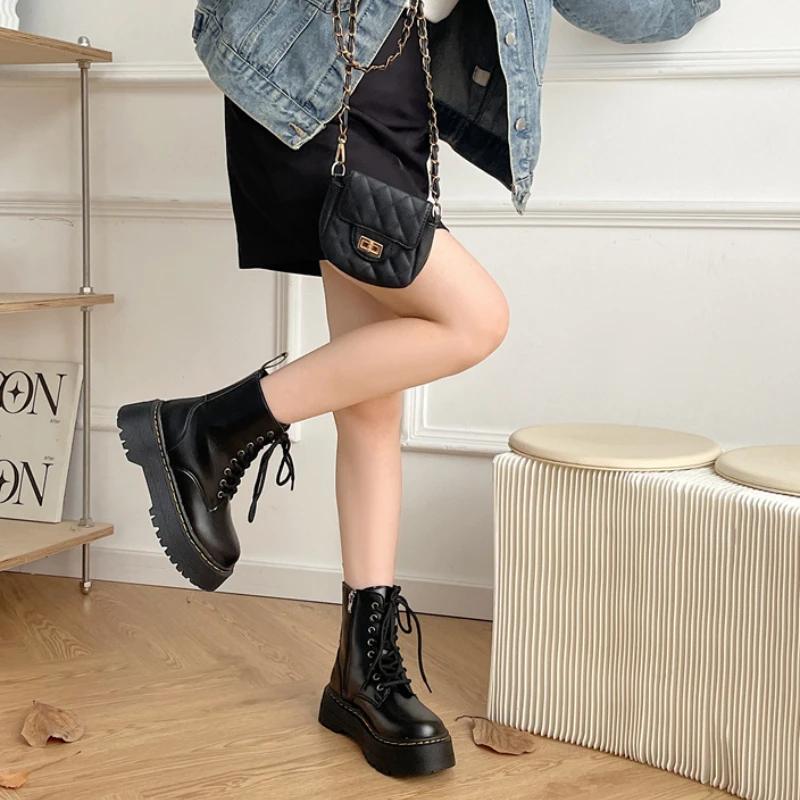 

fashion Minimalist Lace-up Women Boots 5Cm Chunky Heel Platform Women Boots British Style Thick Sole Increase Height Casual Boots 35 чёрный