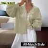 Blusas e Camisas Casuais Femininas com Decote V e Manga Longa