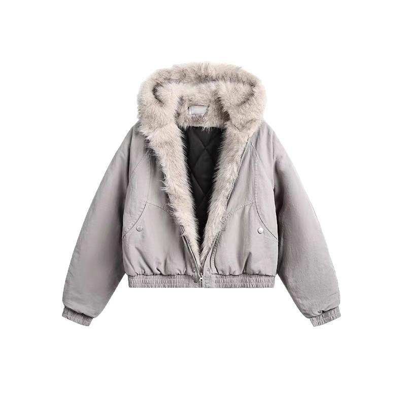 Women's Fleece Cotton Coat, Winter Thickened Short Workwear Fur Collar Hooded Loose Cotton Coat