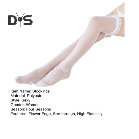 1 Pair Women Stockings See-through Mesh Flower Edge Ultra-thin High Elasticity Japanese Style Anti-slip Solid Color Soft Breathable Quick Dry Lady