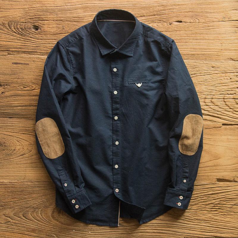 Spring Men Oxford Retro Shirt Japanese Business Casual Trendy Fashion Loose Tops Male Brand Long-Sleeved Patch Shirts Clothes