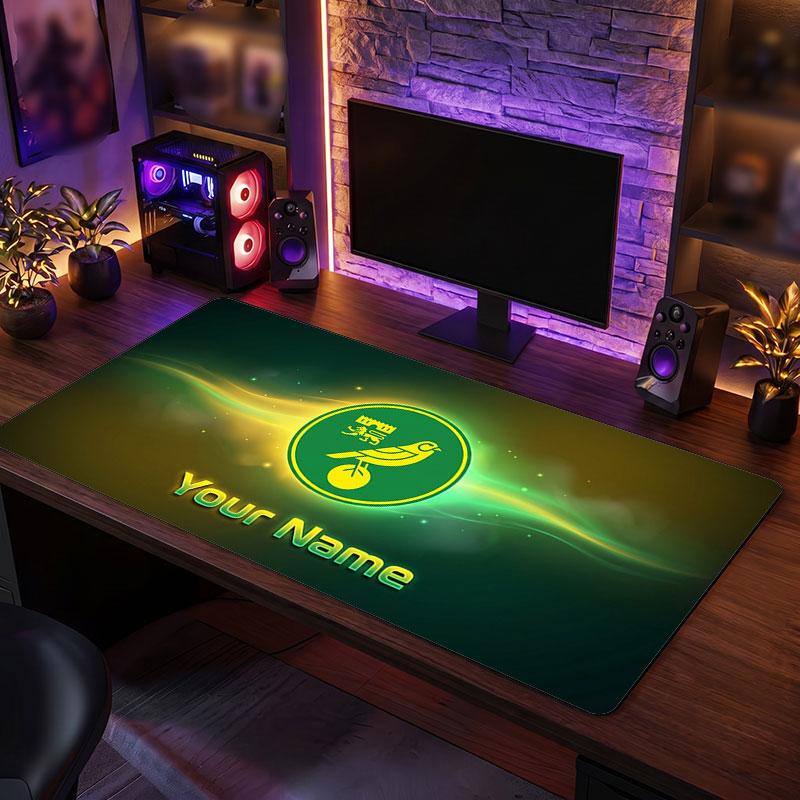 Norwich City Custom Large Mouse Pad, Personalized Name Text Print, Football Logo Non‑Slip Desk Mat Gaming Gift