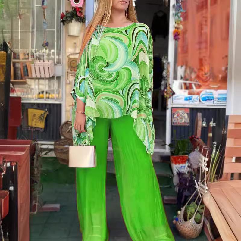 2024 Colorful Chiffon Casual Print Round Neck Two-Piece Summer Set