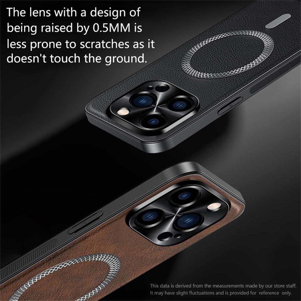 For iPhone 15 Pro Max Case Compatible with MagSafe PU TPU PC Phone Back Cover with Metal Lens Frame