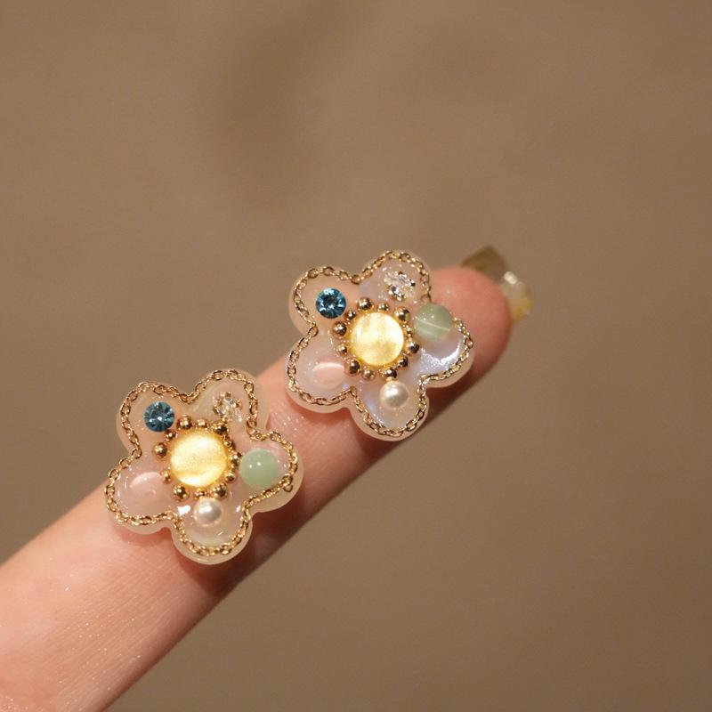 

Silver needle zircon pearl opal flower stud earrings sweet small fresh temperament earrings niche high-end earrings women