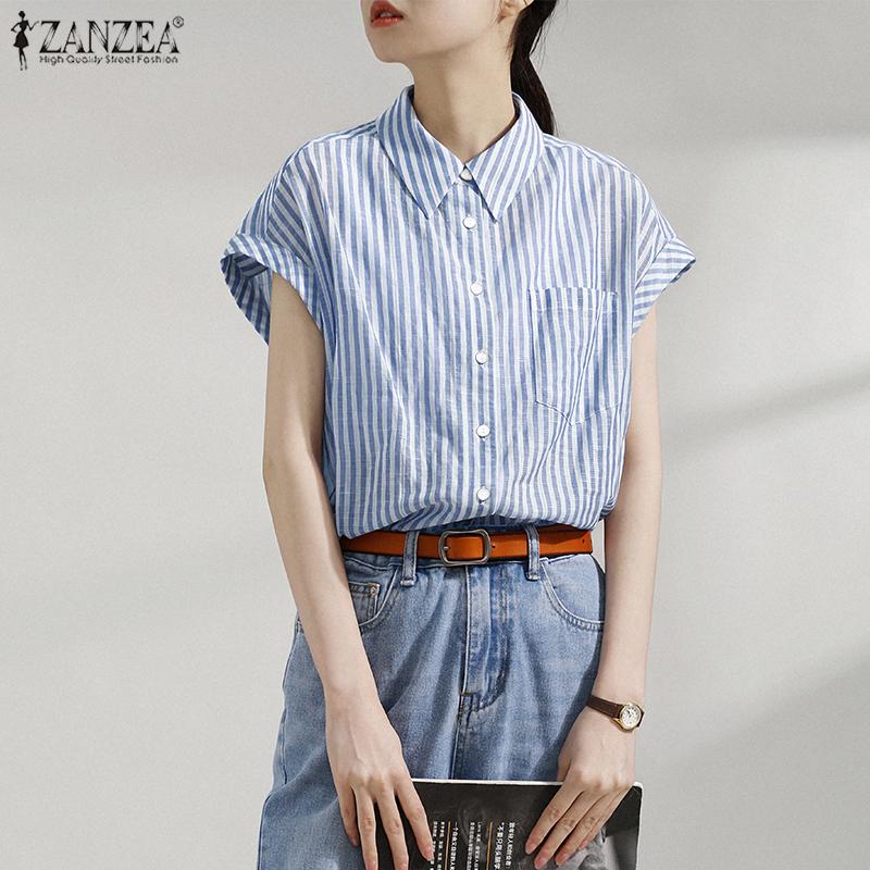 

ZANZEA Женская повседневная летняя блузка в полоску с отложным воротником и короткими рукавами 3XL чёрный