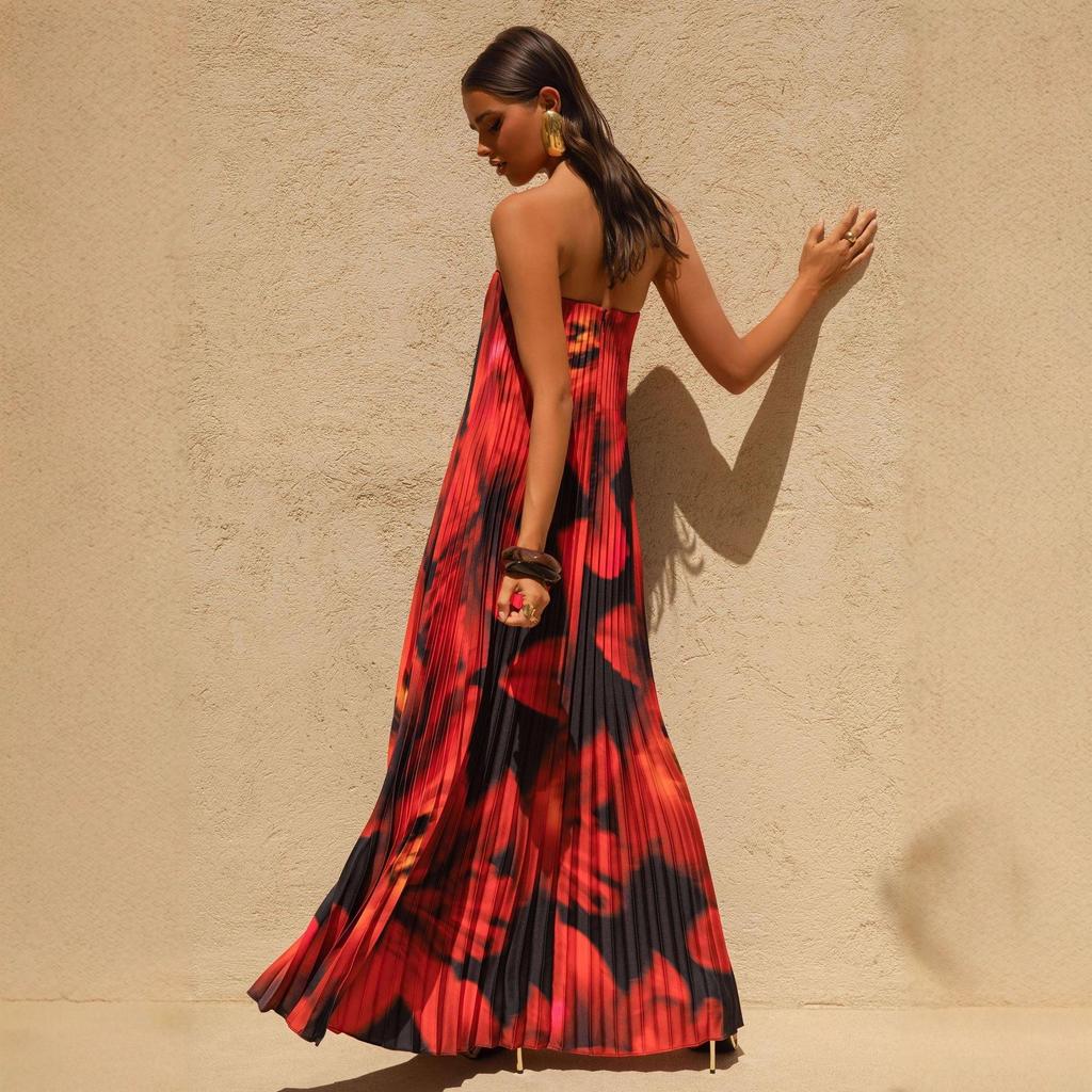2026 Strapless Pleated Long Dress - Women's European & American Style