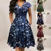 Summer V-neck Pocket Short Sleeve Printed Long Elegant Dress for Women European American Style