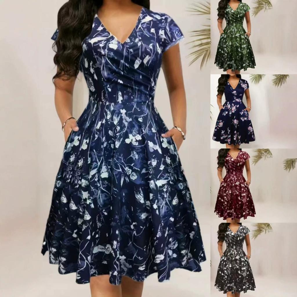 Summer V-neck Pocket Short Sleeve Printed Long Elegant Dress for Women European American Style