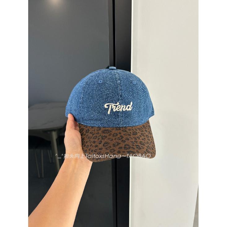 Leopard print denim patchwork baseball cap for women, large head circumference, wide brim, duckbill style