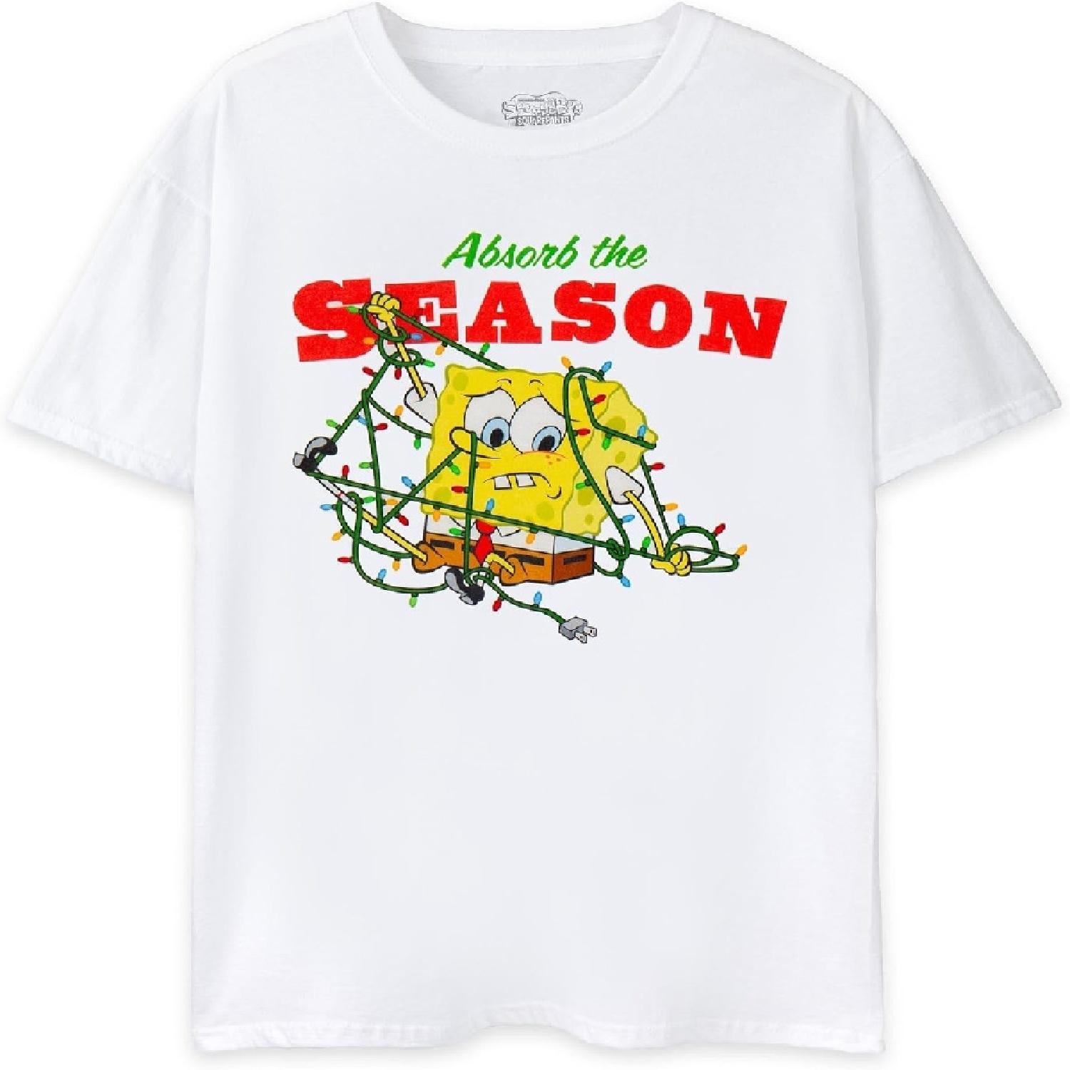 

SpongeBob SquarePants Adults Christmas T-Shirt _ Absorb The Season Festive Graphic Tee _ Short Sleeve Winter Holiday Top XXXXXL білий