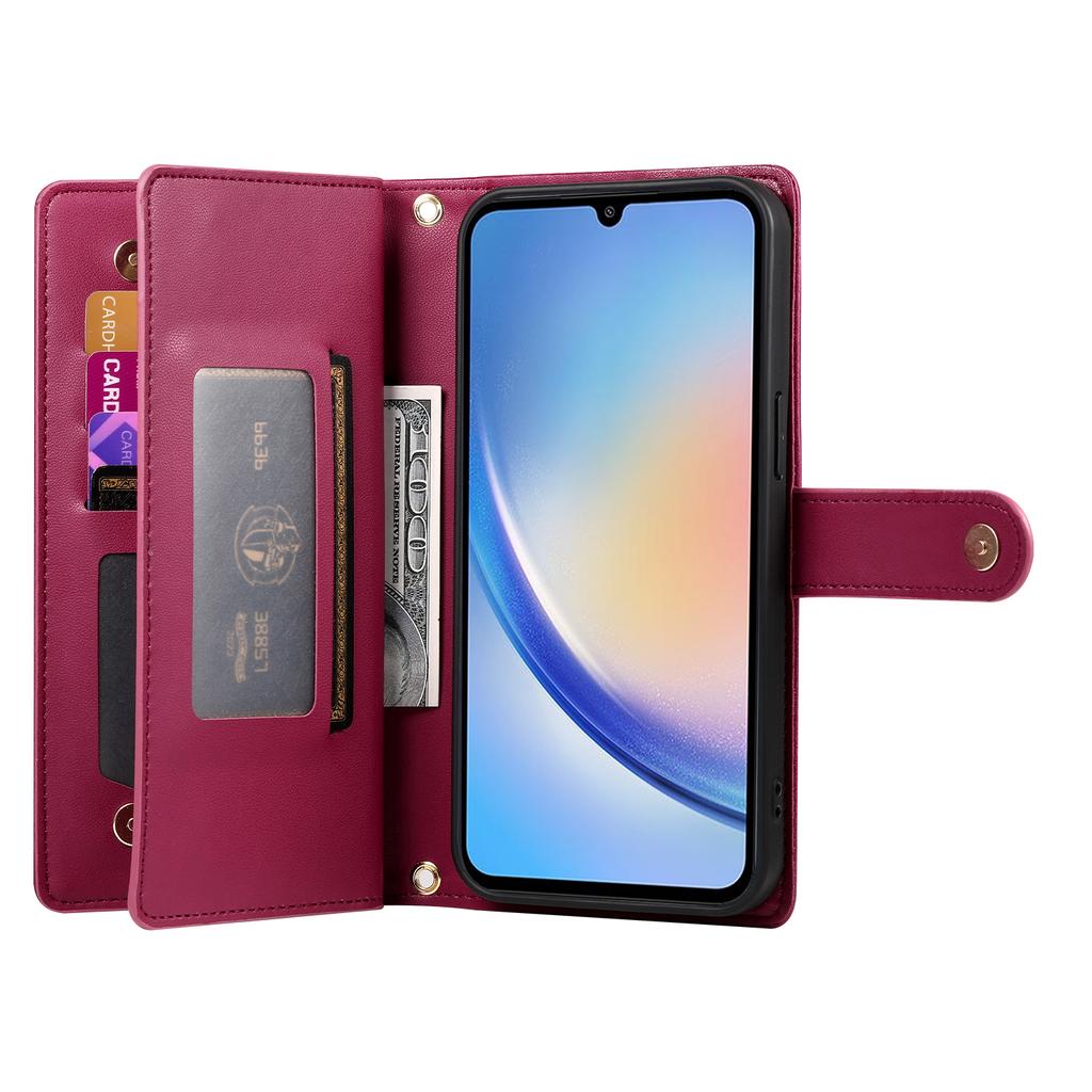 DF-011 For Samsung Galaxy A34 5G Case Card Slots Zipper Leather Cover Crossbody Phone Bag