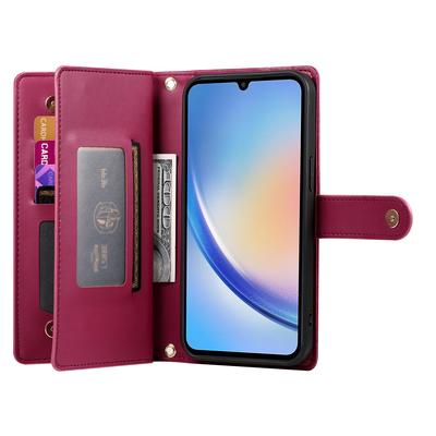 DF-011 For Samsung Galaxy A34 5G Case Card Slots Zipper Leather Cover Crossbody Phone Bag