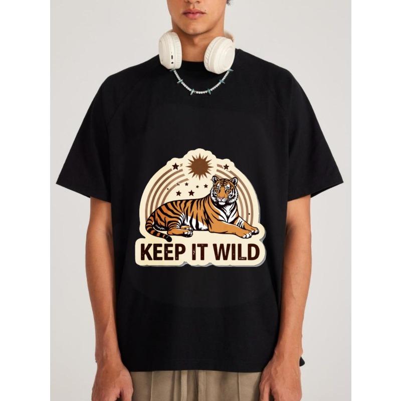 

Cotton T Shirt White Tiger and Stars Keep It Wild Print Casual Wear for Men and Women Outdoor Adventure Style XXXXL чорний