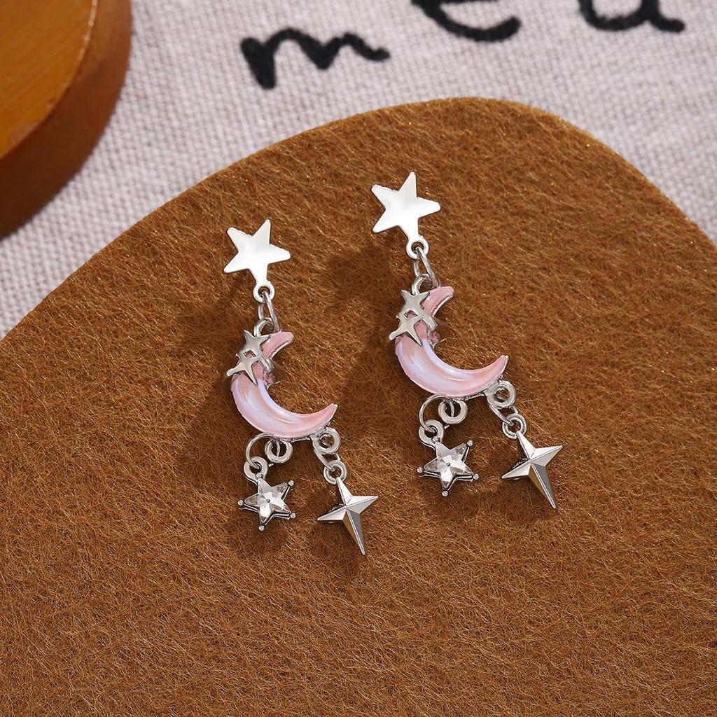 Silver Needle Asymmetrische Mond & Stern Diamant Quastenohrringe