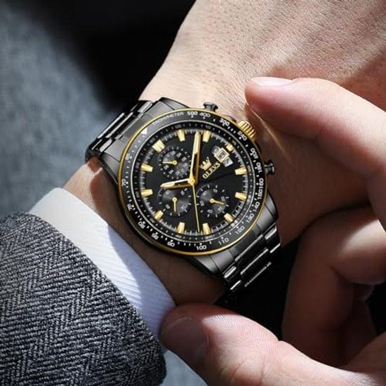 Orologio da polso OLEVS da uomo al quarzo elegante multifunzione acciaio inossidabile impermeabile luminoso data analogico maschile moda studente azienda uomo nero
