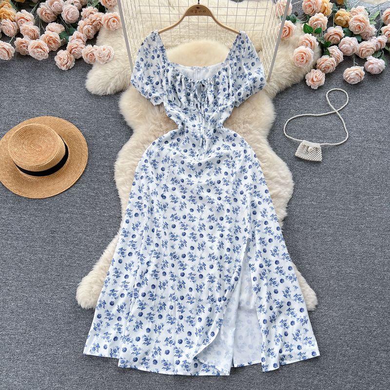 Puff Sleeves Summer Slimming Mori Style Split Dress