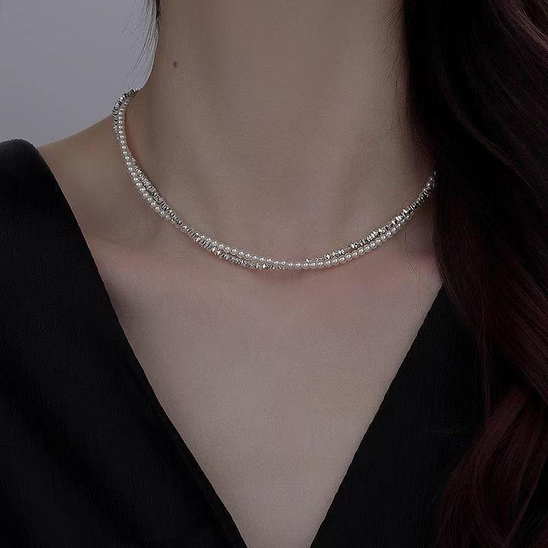Faux Small Pearl Double Layered Choker Shiny Silver Beads Trendy Necklace for Teen Girls Daily Wear Gift
