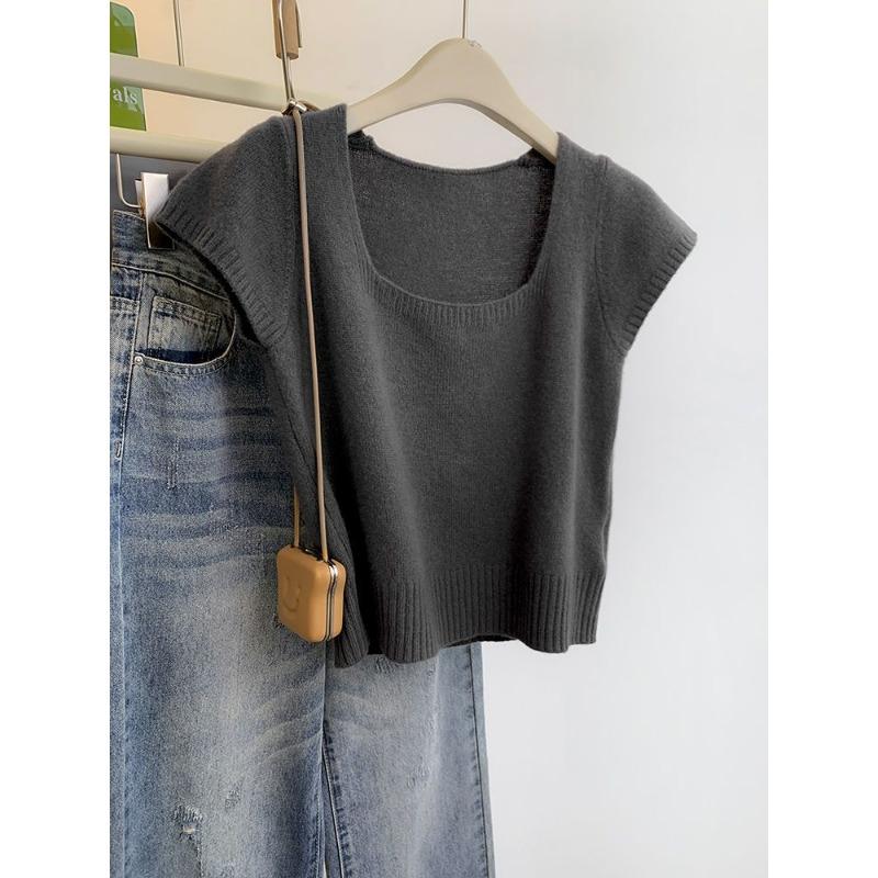 Women s Yellow Square Neck Short Sleeve Knit Form Fitted Crop Top Casual T-Shirt M