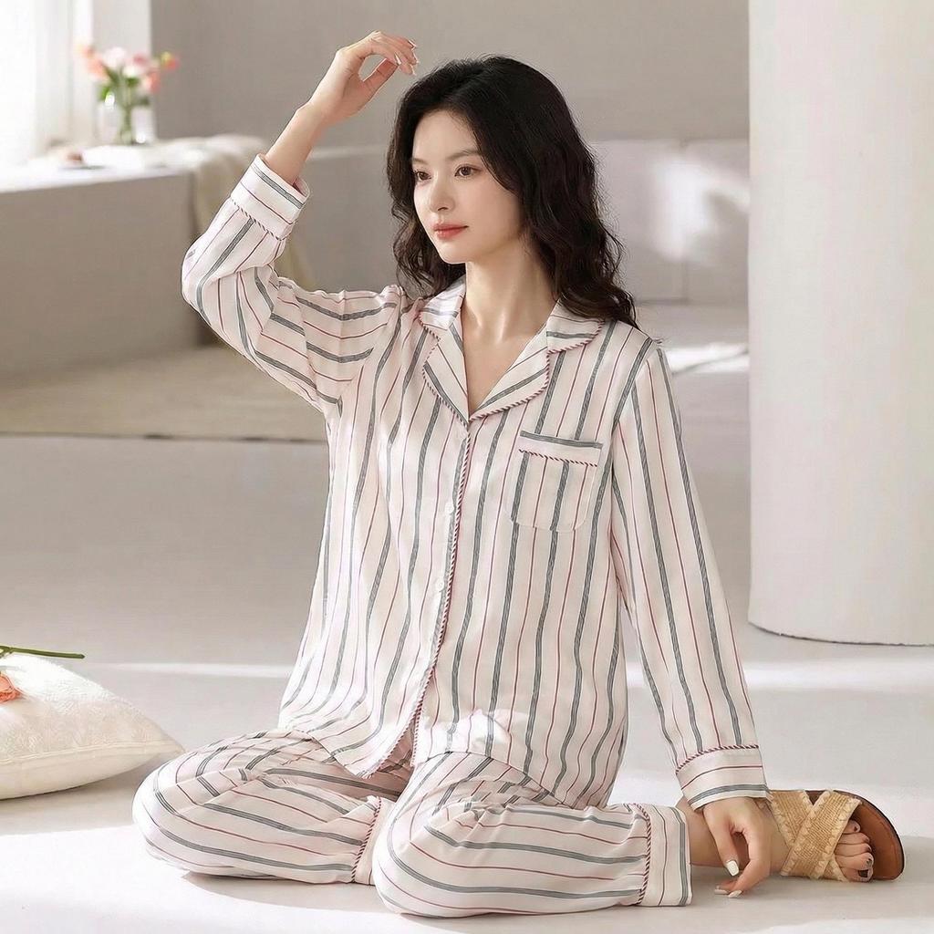 Women's Korean Style Striped Ice Silk Pajama Set - Long Sleeve & Pants, Soft & Versatile for Home or Casual Wear
