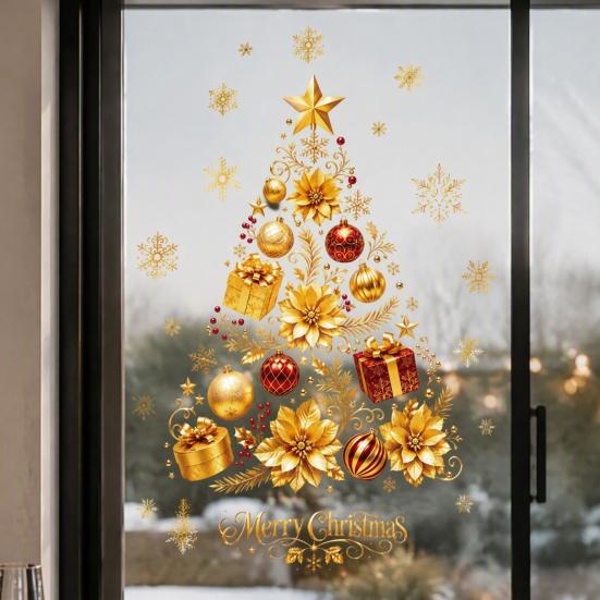 Luxury Holiday Party Decor 2 Sheets Gold Christmas Window Clings, Static Stick Tree Snowflake Shop Displays Bauble Glass Decals, No-Glue Removable
