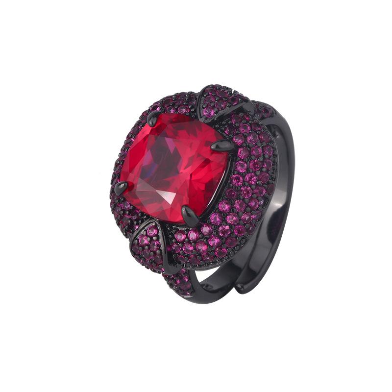 Jewelry Copper Bottom Gold-Plated Simulation Corundum Fat Square Black Gold Personalized Ring Female 10 * 10