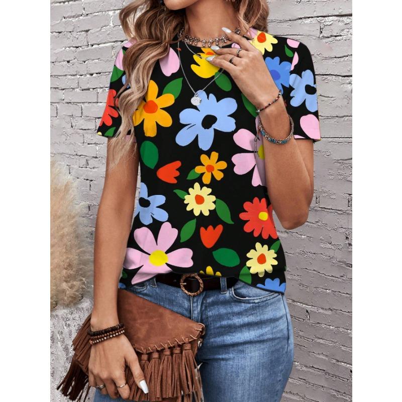 Summer Round Neck Flower Pattern 3D Print Top Fashionable Casual Short Sleeved Women's T-shirts