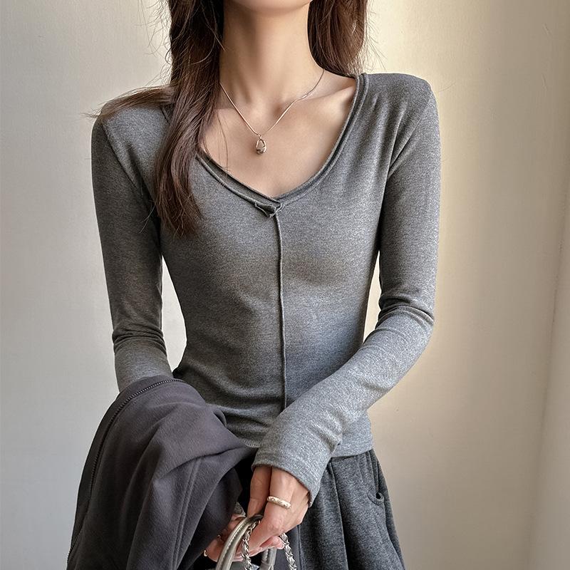 Dámské spodní prádlo s výstřihem do V, základní vrstva, podzim-zima, korejský styl, detail lemu, slim, high-end, top s dlouhým rukávem, lze nosit jako svrchní oděv
