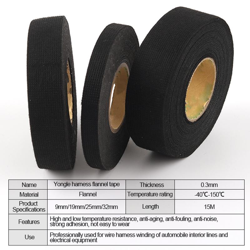 15M 9/19/25MM Automotive Cable Wire Harness Tape Heat Resistant Cloth Tape for Electronic Equipment Wire Harness Bundling