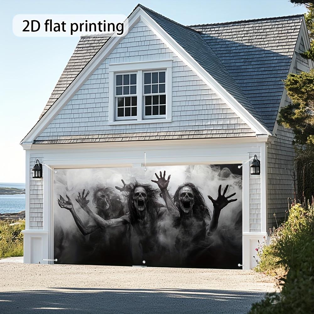 2D door banner, 1pc classic Halloween Ghoul garage door cover - Ghost Zombie reach design, durable polyester