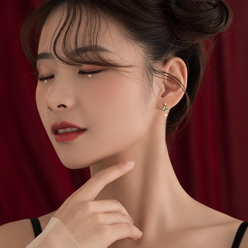 Korean Zircon Snowflake Christmas Tree Stud Earrings For Women Shiny Crystal Elk Delicate Earring Christmas New Year Jewelry