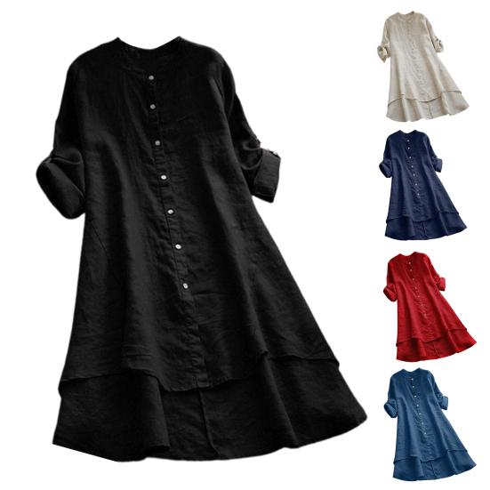 Scollo a O Bottoni Maniche Arrotolabili Orlo Asimmetrico Camicia da Donna Estiva Monocolore Lunghezza Media Sottile Abbigliamento Femminile
