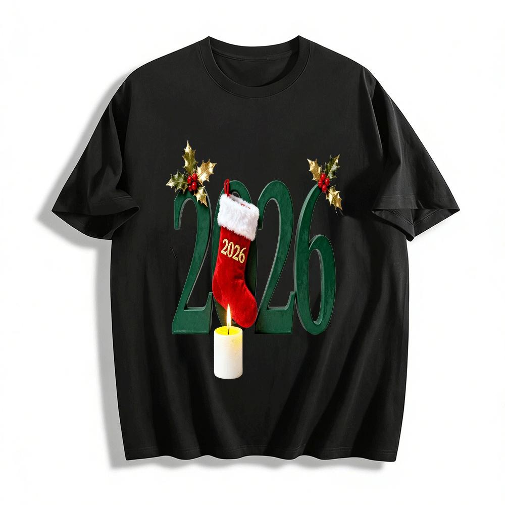 2026 Christmas New Year Print Casual Holiday Themed Top Pure cotton T-shirt XXS