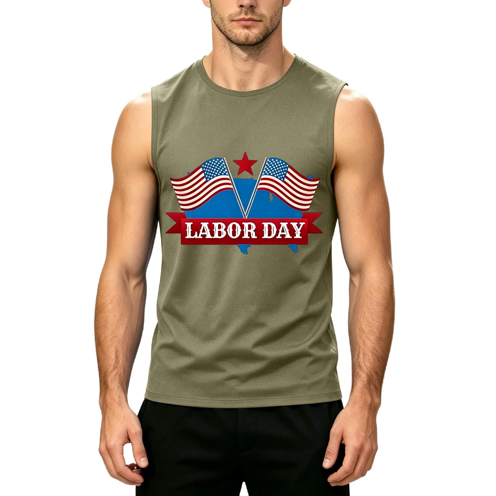 

Men s Sleeveless Casual Tank Top Labor Day Printed Muscle Shirt Lightweight Summer Workout Tee for Outdoor Activities L армия зеленый