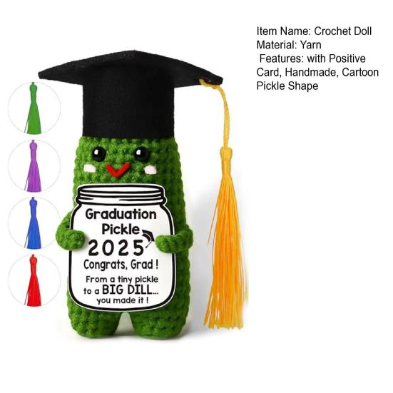 Yousheng Crochet Graduation Pickle with Tassels Positive Card Handmade Knitting 2025 Graduates Cucumber Doll Stress Relief Toy Desktop Decoration