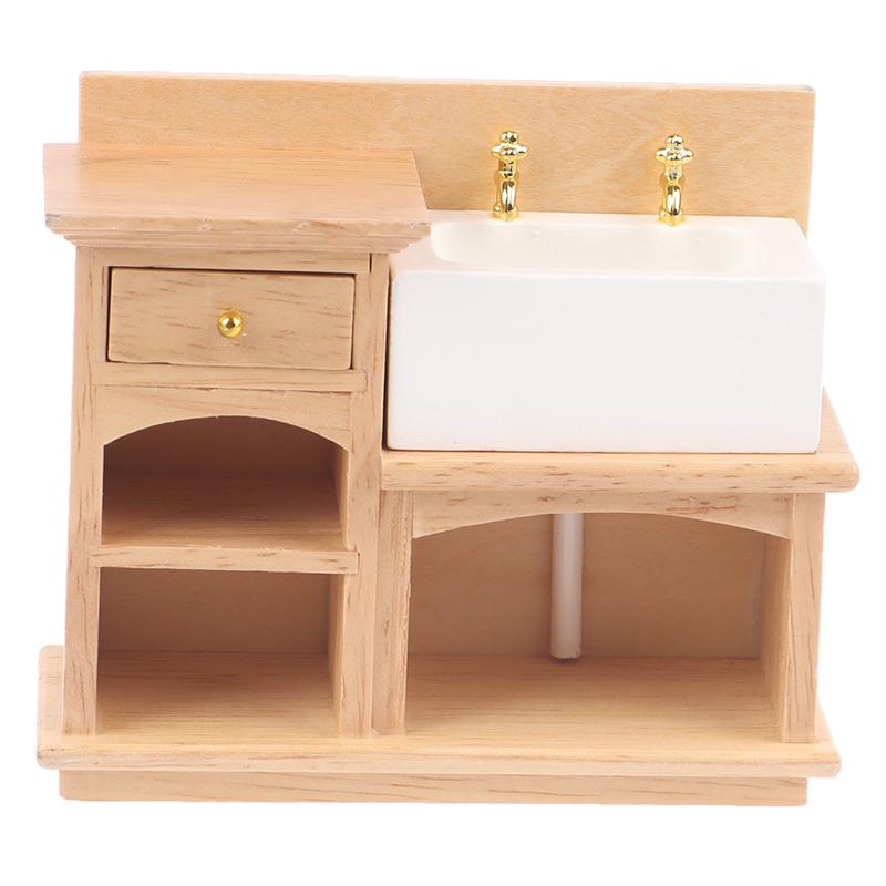 1/12 Wooden Wash Basin Cabinet with Ceramic Hand Sink Miniature Furniture Toys for Dollhouse Bathroom Kitchen Decoration