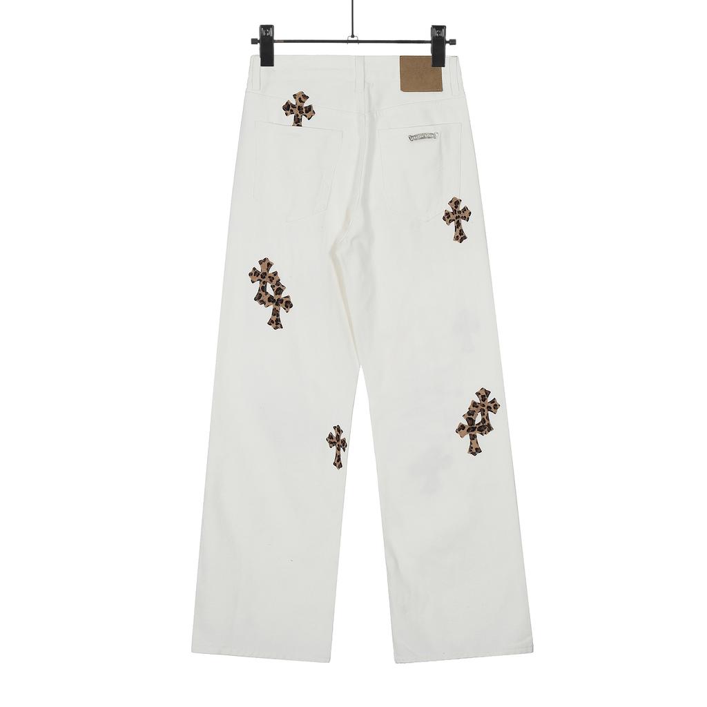 7704 CHROME HEARTS Pánské a dámské trendy džíny v americkém stylu s látkovými nášivkami, ležérní a módní high street kalhoty