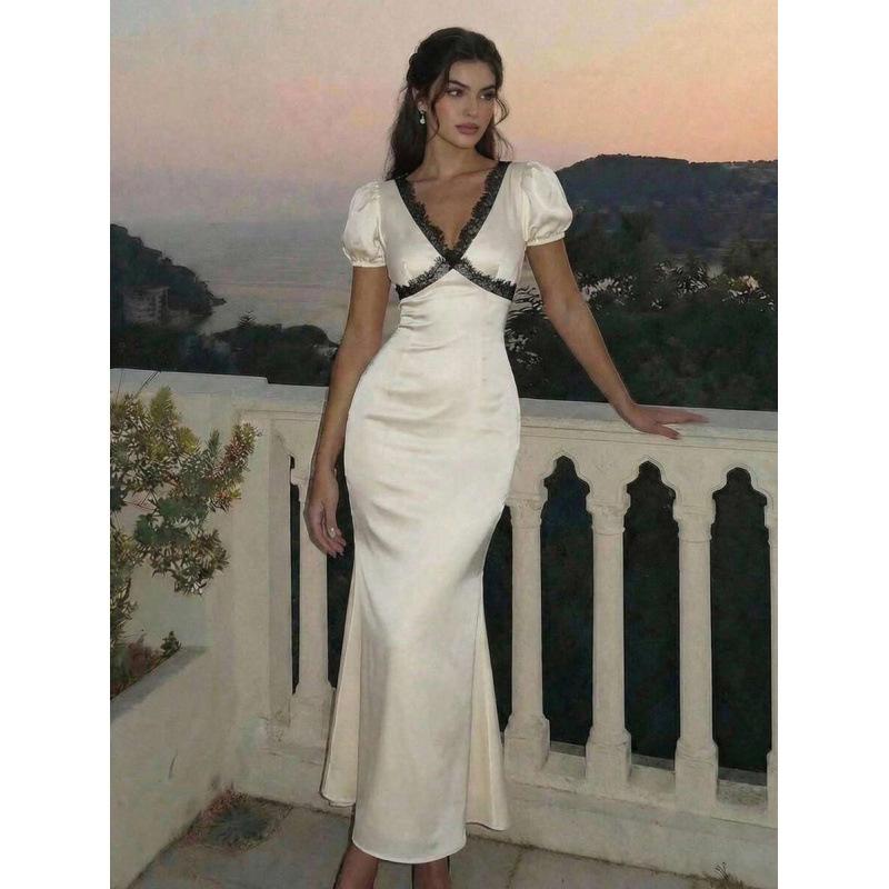 Europe, America 2026 summer new pure desire V-neck fashion lace fishtail dress dress women XS абрикосовый