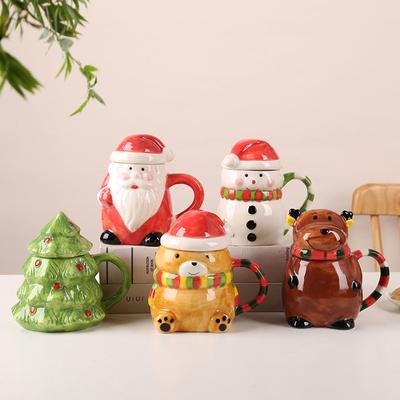 European Ceramic Coffee Mug with Lid Christmas Santa Claus Snowman Reindeer Cartoon Ceramic Breakfast Milk Mug Christmas Gift