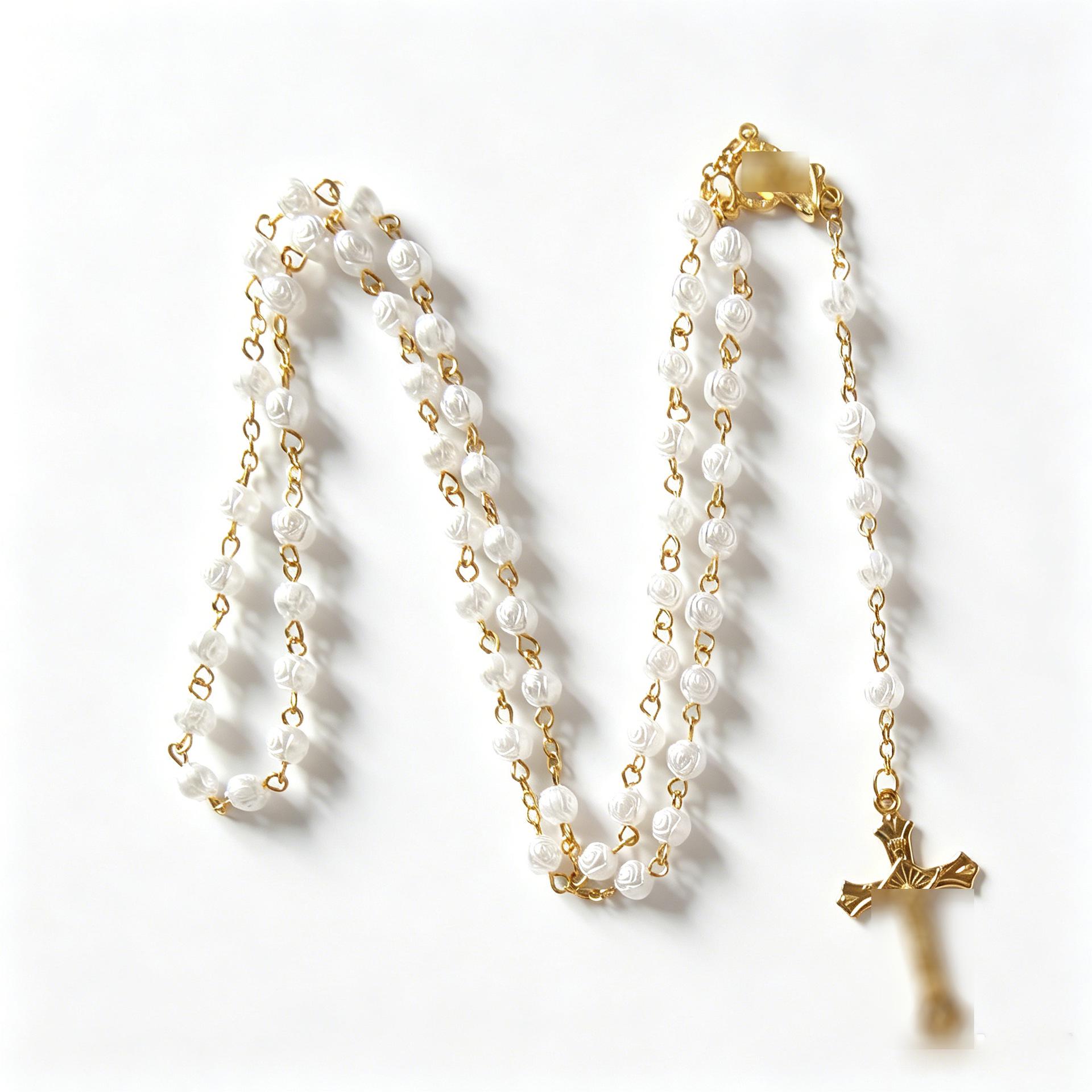 Unisex 6mm Rose Bead Cross Pendant Necklace - Christening Sweater Chain Ornament