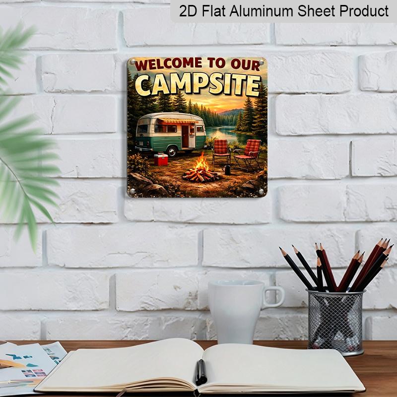 2D Flat, 1pc Vintage Metal Camp Sign - Rustic "Welcome To Our Campsite" Wall Decor Plaque Suitable for Outdoor Use, Cabin, RV, Entrance - Camping