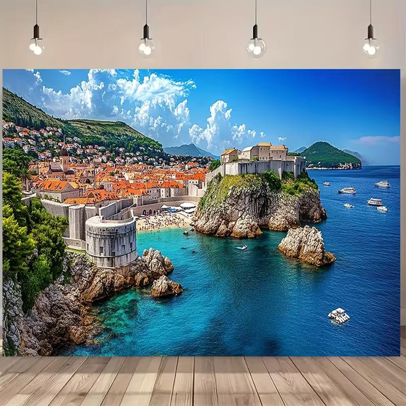 

2D Adriatic Sea Town Backdrop, Dubrovnik Old Town with Red Roofs & Blue Ocean Background Cloth 47.2x31.5inch/120*80cm
