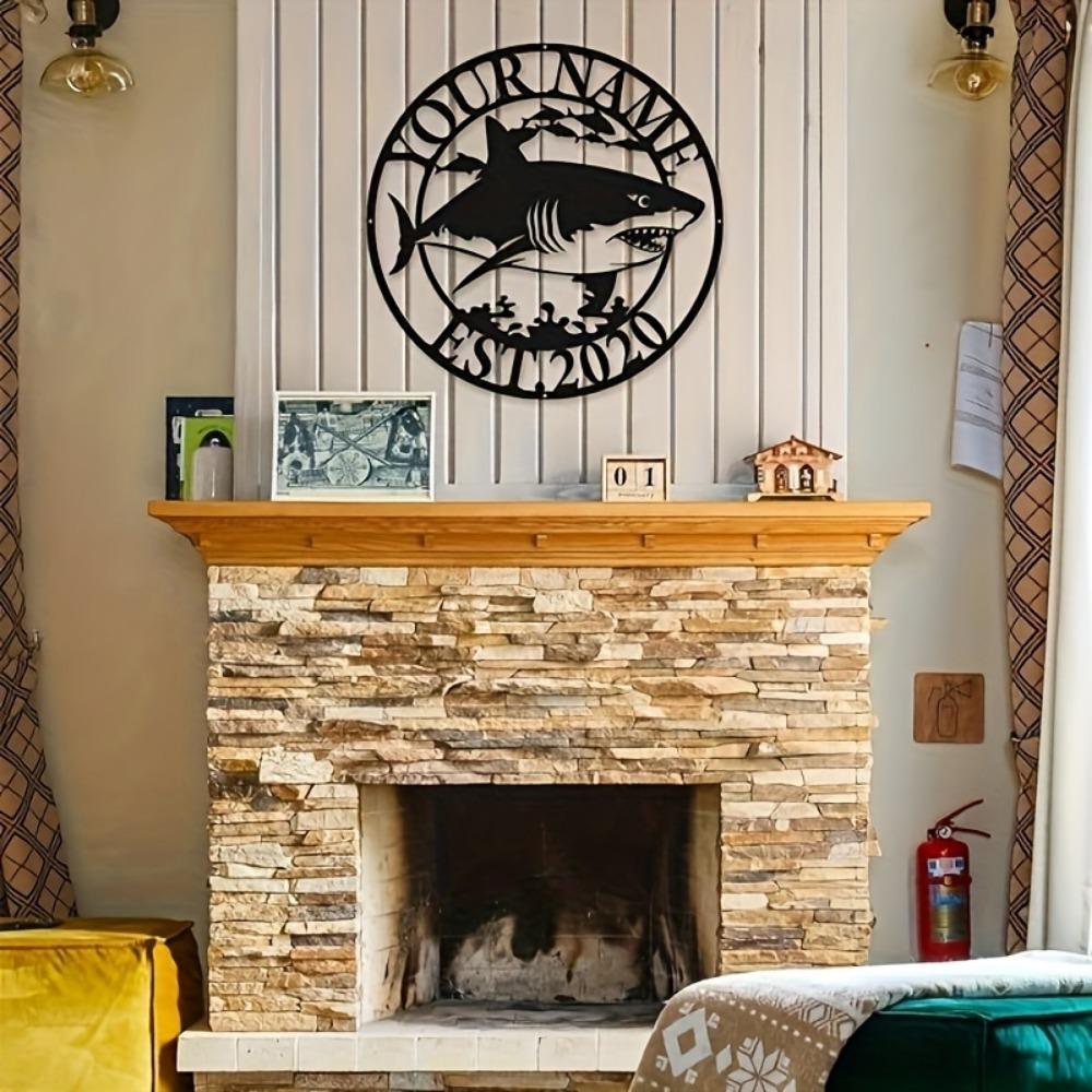 Shark Metal Wall Art Custom Name Sign Black Circle Home Decor Marine Design