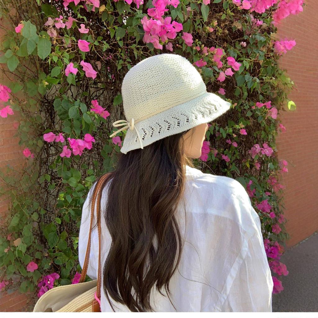 Spring and Summer White Hollow Knitted Bucket Hat Women's Sunscreen Sunshade Basin Hat Versatile Face Small Literary Style Hat