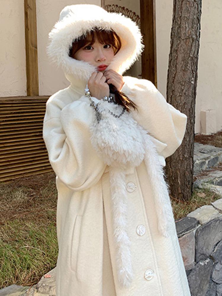 Women's White Wool Hooded Overcoat - Long Sleeve, Loose Fit, 2024 Autumn/Winter