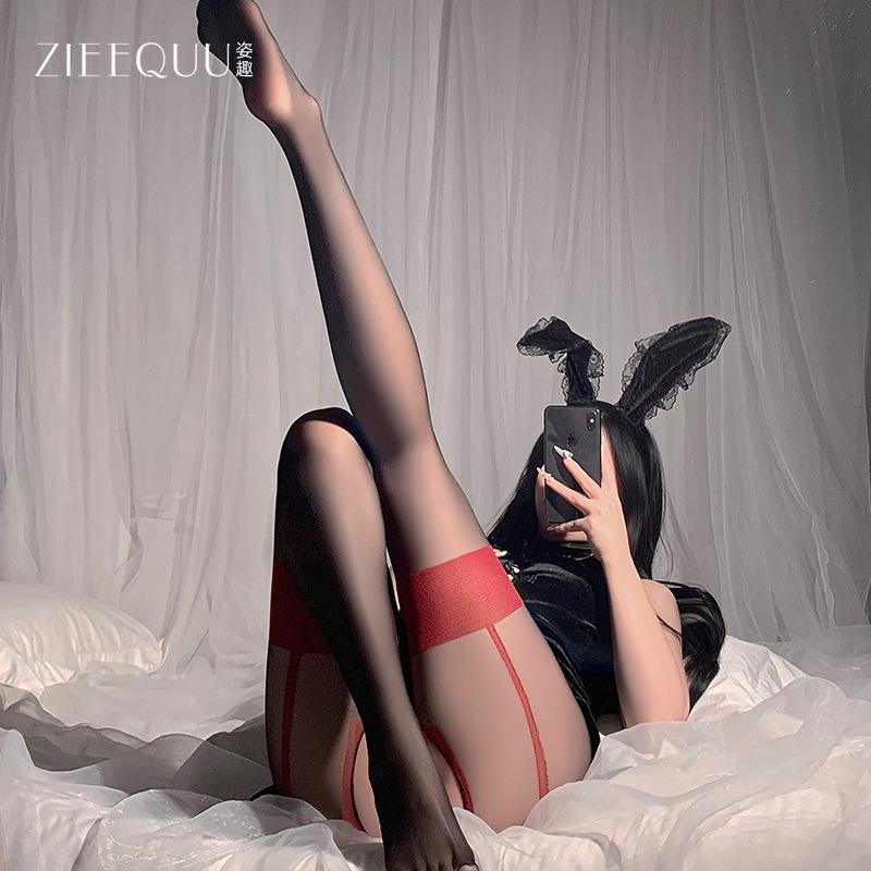 Ziqu Fun Lingerie: Sexy Fake Garter Open Crotch Pantyhose with Color Block 5036.