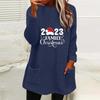 Autumn Winter Women's Christmas Print Round Neck Loose Long Sleeve Pocket Plush Hoodie